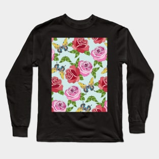 Roses And Butterflies Pattern On Blue Long Sleeve T-Shirt